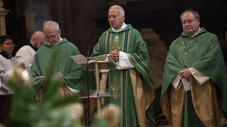 Zu sehen sind drei Priester in grünen Roben während einer Messe