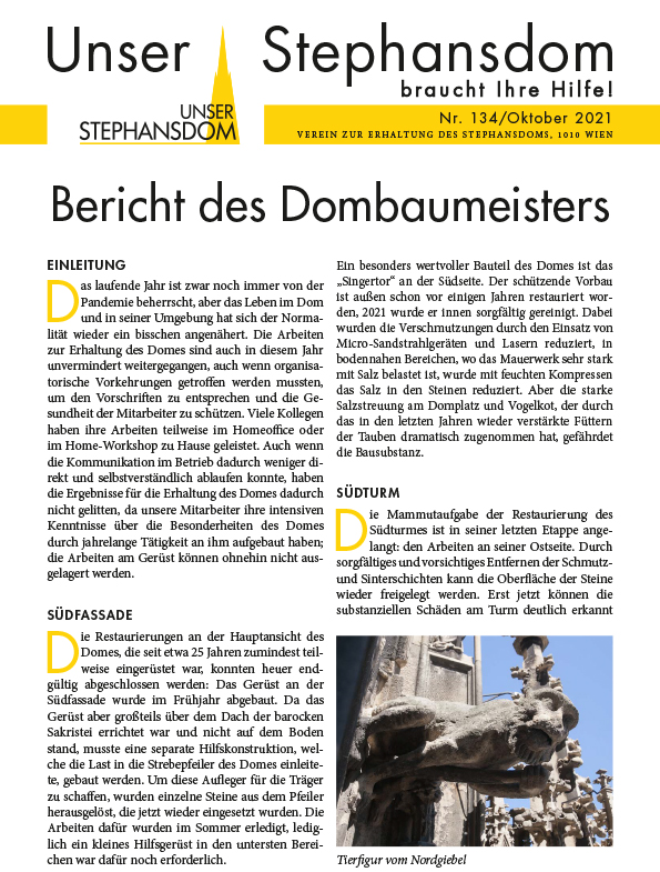 Vereinszeitung Unser Stephansdom 134, Oktober 2021, Titel: Bericht des Dombaumeisters
