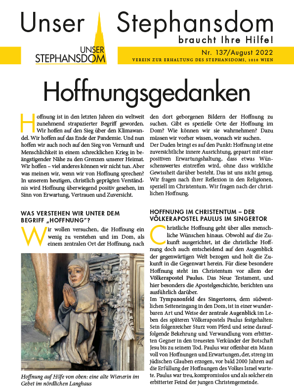 Vereinszeitung Unser Stephansdom 137, August 2022, Titel: Hoffnungsgedanken