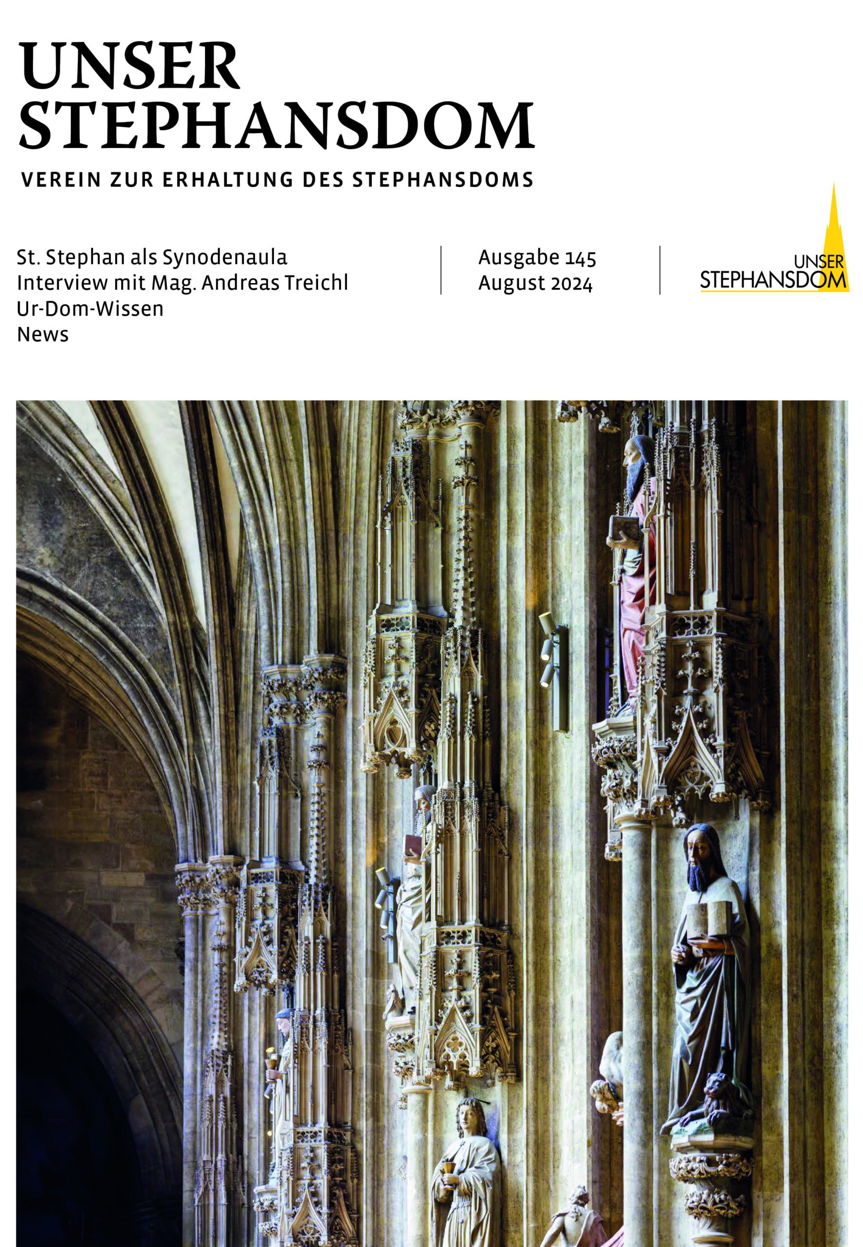 Cover der Vereinszeitung 145, zu sehen sind Heiligenstatuen in an einer Reihe von Pfeilern